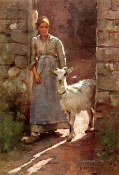 セオドア・ロビンソン Painting - ヤギを持つ少女 セオドア・ロビンソン